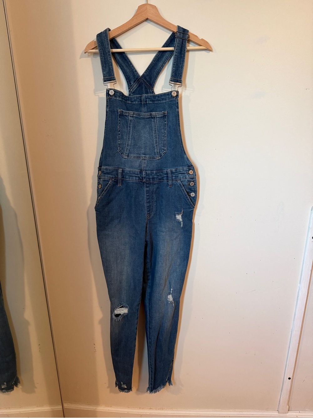 KanCan Distressed Blue Denim Overalls with Bib